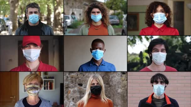 Covid Personas Diferentes Edades Etnias Usan Máscaras Mirando Cámara — Vídeo de stock