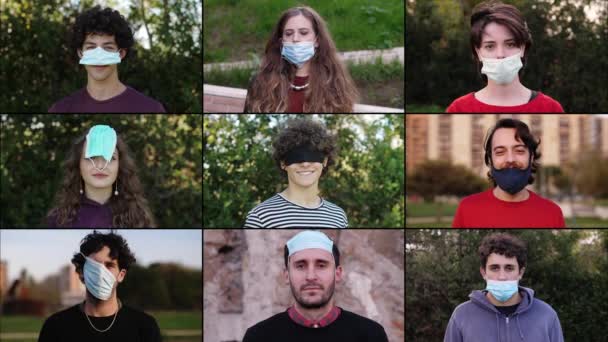 Covid19 Young People Have Fun Wearing Mask Funny Way — Stock Video