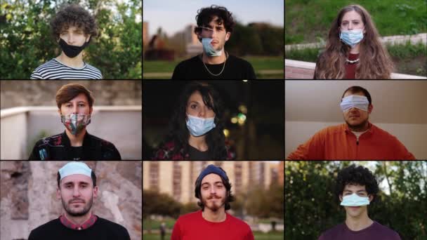 Bära Mask Ett Roligt Sätt Unga Människor Med Dåligt Slitna — Stockvideo