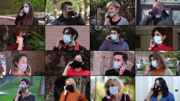 Kommunikation Zeiten Der Covidität Menschen Mit Maske Sprechen Auf Mobiltelefonen — Stockvideo