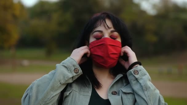 Confidence Relief Young Woman Takes Mask Smiles Camera — Stock Video