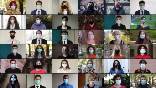 Coronavirus Pandemic People Wearing Mask Stares Camera — Stock Video