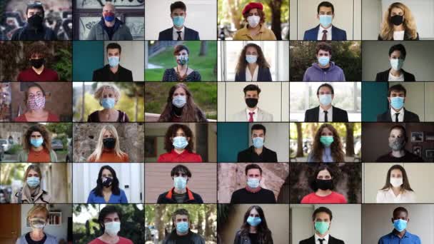 パンデミック2020 さまざまな活動を行う人々がマスクを着用カメラを見つめ — ストック動画