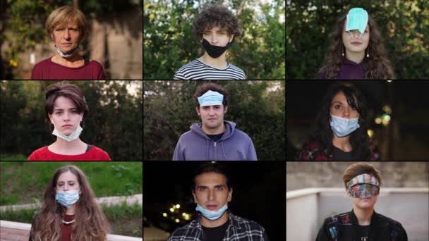 年齢の異なる人たちが変で独創的な方法で仮面をつけて — ストック動画