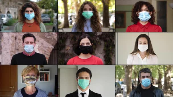 Pandemia 2020 Personas Serias Usan Máscara Diferentes Lugares — Vídeos de Stock