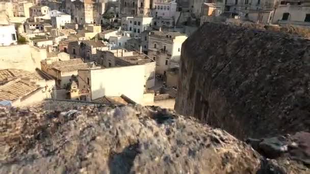 Cámara Constante Hermosa Vista Ciudad Piedras Matera Desde Belvedere — Vídeos de Stock