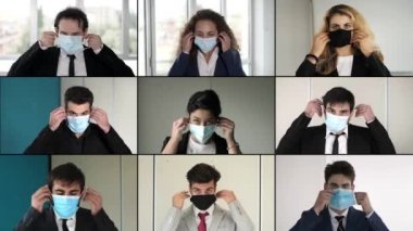 Corona virüsü salgını genç çalışanlar ofiste maske takıyor.