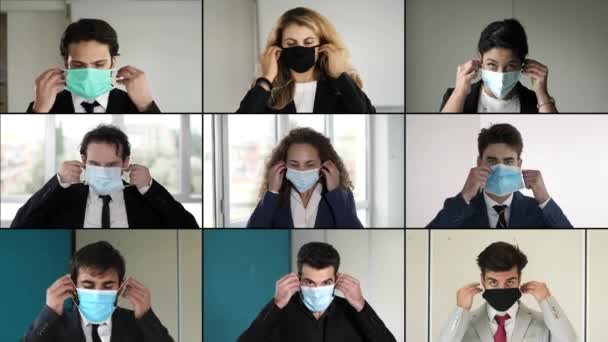 Coronavirus Junge Büroangestellte Mit Masken Arbeitsplatz — Stockvideo