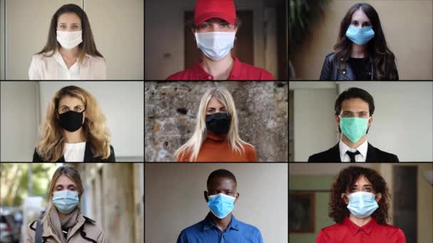 Covid Νέοι Άνθρωποι Διαφορετικής Εθνικότητας Που Φορούν Μάσκες — Αρχείο Βίντεο