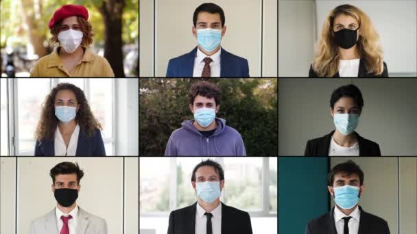 Pandemic Contagion People Wear Surgical Mask Stare Camera — Stok Video