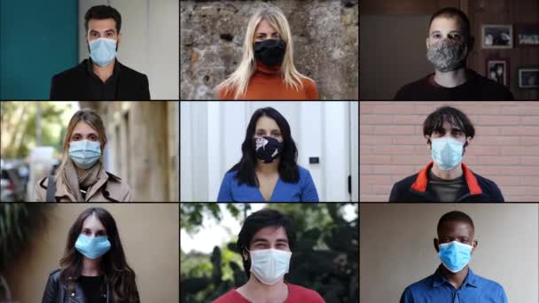 2020年流感大流行 戴口罩的年轻人凝视着摄像机 — 图库视频影像