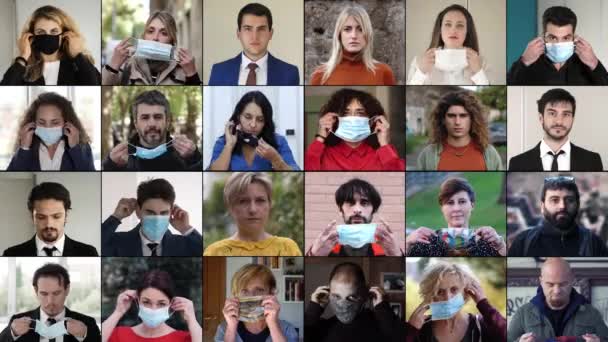 Πανδημία Covid Άτομα Που Φορούν Χειρουργική Μάσκα Κοιτάζοντας Την Κάμερα — Αρχείο Βίντεο