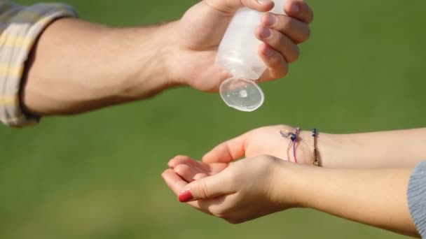 Wash Your Hands Pour Disinfectant Sanitize Hands Outdoor — Stock Video