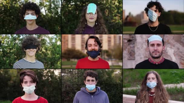 Pandemi 2020 Ungdomar Bär Masken Mest Fantasifulla Sätten — Stockvideo
