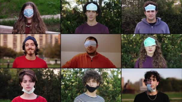 Zmęczona Maską Młodzi Ludzie Noszą Maskę Dość Dziwaczny Sposób — Wideo stockowe