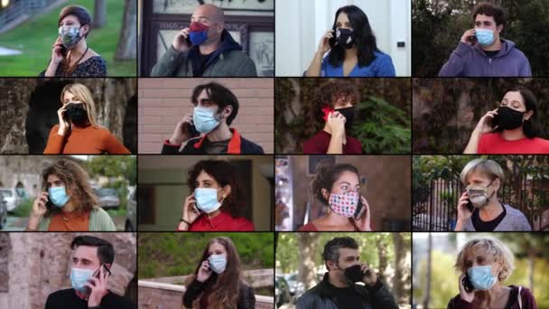 Communiceren Tijd Van Covid Mensen Praten Telefoon Met Het Masker — Stockvideo