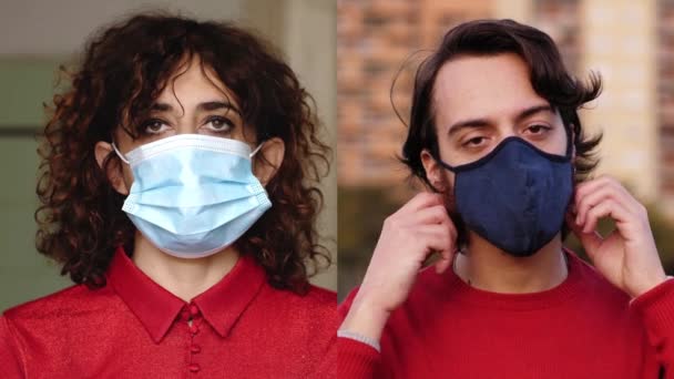 Stop Wear Mask Νέοι Άνθρωποι Χαμογελούν Στην Κάμερα Βγάζοντας Μάσκα — Αρχείο Βίντεο