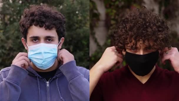 Νιάτα Αυτοπεποίθηση Νέοι Άντρες Βγάζουν Μάσκα Και Χαμογελούν Στην Κάμερα — Αρχείο Βίντεο
