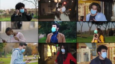 uygulama, teknoloji - maskeli gençler telefonda müzik dinliyorlar