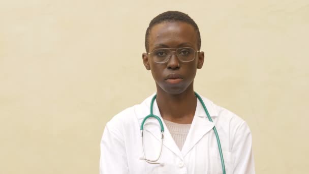 Thoughts Worries Sad Stressed Black Doctor Stares Serious Camera — Stock Video