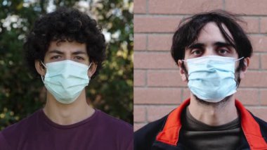 Covid19 - ciddi genç adamlar maske değişimlerini çıkarın ve gülümseyin 