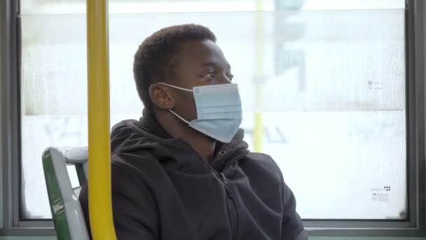 Pandemic 2021 Black Worried Man Mask Looks Void — Stock Video