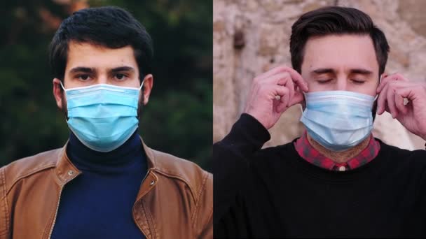 Covid19 Young Men Take Mask Breathing Sigh Relief — Stock Video