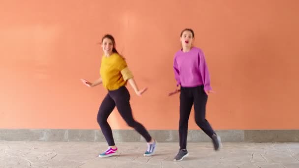 Two Young Women Practicing Synchronized Dance Together Front Camera — Stock Video