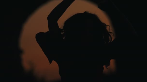 Силует Молодої Безтурботної Жінки Танцює Сама Парку Під Час Заходу — стокове відео