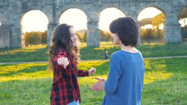 在公园跳舞 年轻女子在公园聊天 微笑和跳舞 — 图库视频影像