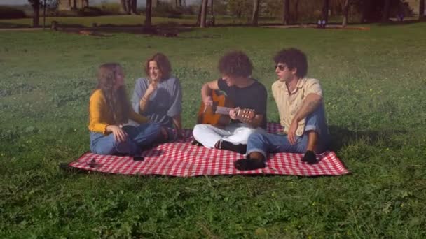 Група Щасливих Друзів Парку Співають Супроводі Гітари — стокове відео