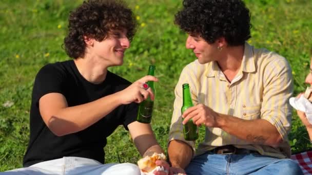 Toast Park Junge Männer Park Essen Sandwiches Und Stoßen Mit — Stockvideo