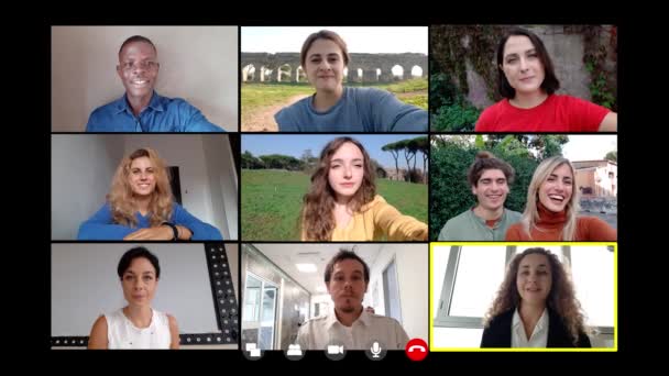 Aplikacja Komunikacja Przyjaciele Rozmawiają Czacie Wideo Połączonym Różnymi Miejscami — Wideo stockowe