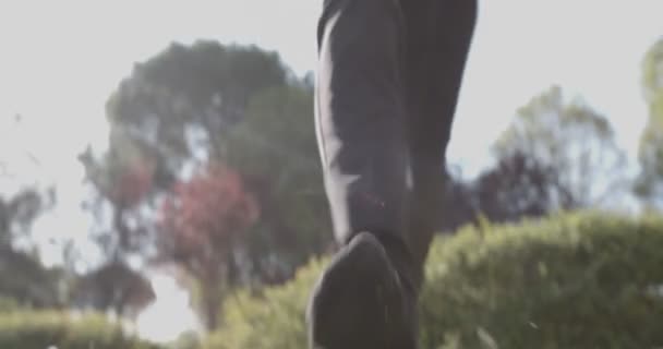 Молодая Женщина Обуви Прыгает Через Канаву Лугу Вверх Ногами Выстрел — стоковое видео