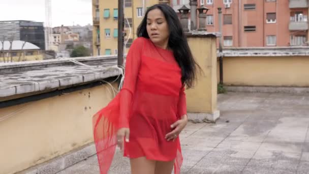 Indian Woman Ballet Dancer Wearing Red Dress Practicing Terrace — Stock Video