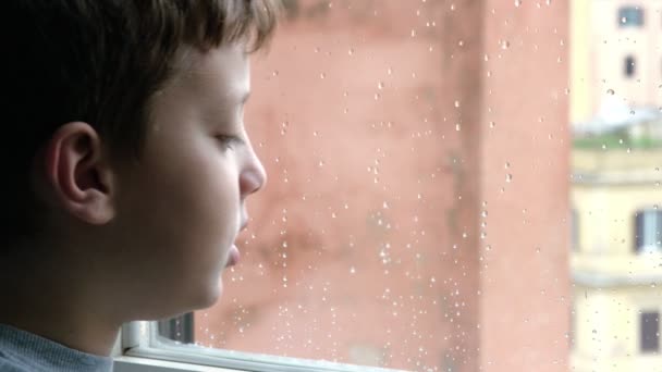 Sad child standing alone at the window in a day of rain — Stock Video