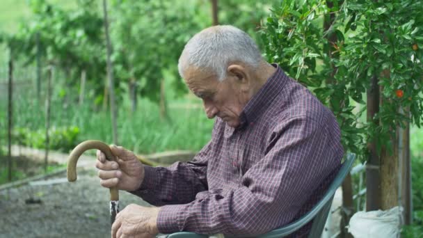 Vieil homme relaxant avec bâton de marche — Video