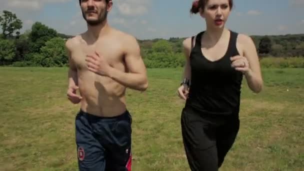 Hombre joven y mujer joven corriendo en el parque, deporte, trotar, steadycam disparo — Vídeo de stock