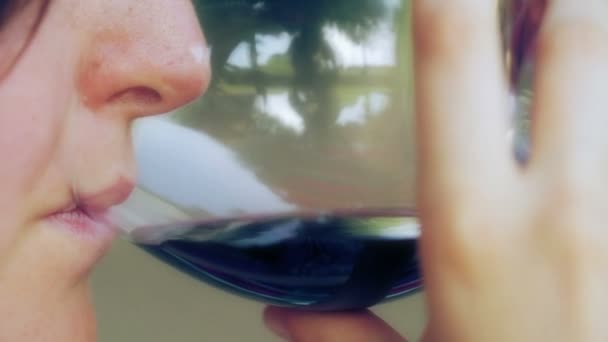 Donna sorseggiando vino rosso — Video Stock