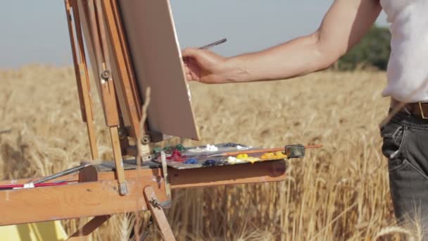 Pintor en medio de un campo de trigo — Vídeo de stock