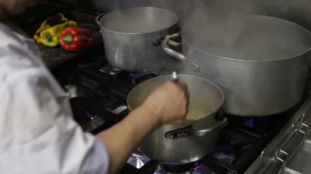 Chef-kok van het restaurant van het fornuis zet zout in de pot — Stockvideo