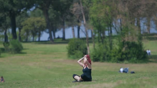 Όμορφη κοκκινομάλλα γυναίκα που κάθεται σε ένα λιβάδι στο πάρκο χτενίζει τα μαλλιά της, ημικλινήρη θέση — Αρχείο Βίντεο