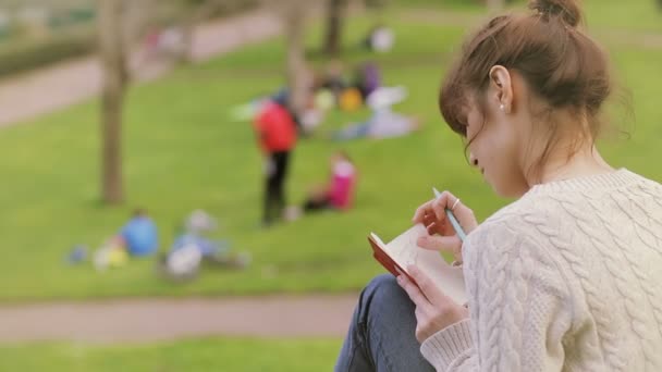 Όμορφη νεαρή γυναίκα γράφει ένα ημερολόγιο σε εξωτερικούς χώρους στο πάρκο: — Αρχείο Βίντεο