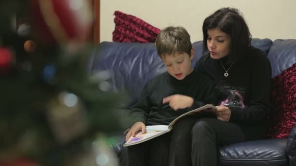 Mom and little son reading the stories about the legend of the Christmas — Stockvideo