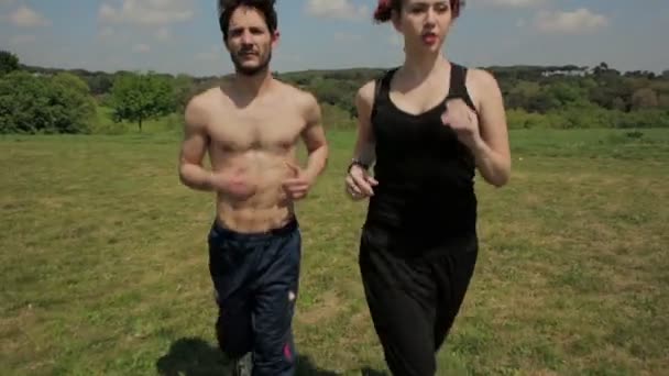 Ein Mann und eine Frau halten sich fit beim Laufen im Park, Joggen, Steadicam-Aufnahmen — Stockvideo