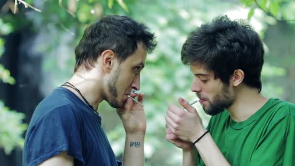 Zwei süße junge Homosexuelle rauchen zusammen eine Zigarette — Stockvideo