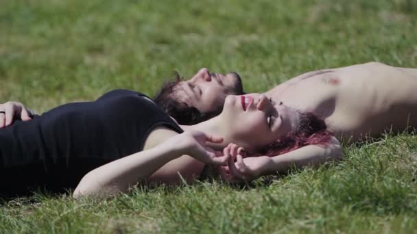 Amanti sdraiati sull'erba toccandosi la mano, amore, amante, innamorarsi — Video Stock
