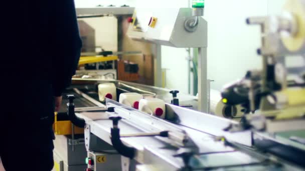 Linha de produção com filme plástico transparente envolvente para garrafas de detergente — Vídeo de Stock