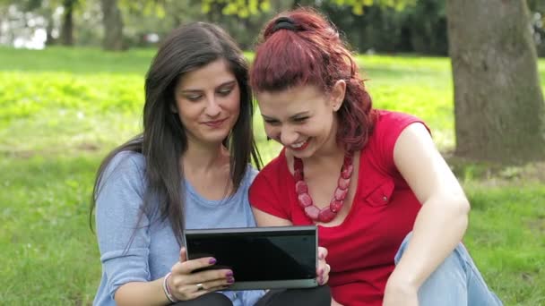 Lesbianas leyendo desde la tableta y disfrutando del día en el parque — Vídeos de Stock