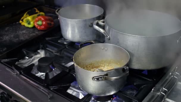 Μεγάλα δοχεία είναι το μαγείρεμα τροφίμων στη σόμπα — Αρχείο Βίντεο